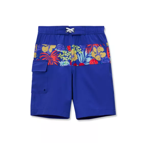 Boys Chlorine Resistant Stretch Print Blocked Hydroliner Board Swim Trunks - primary