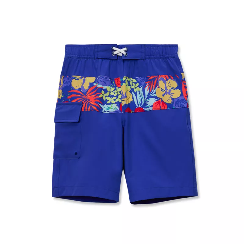 Boys Chlorine Resistant Stretch Print Blocked Hydroliner Board Swim Trunks, alternative image