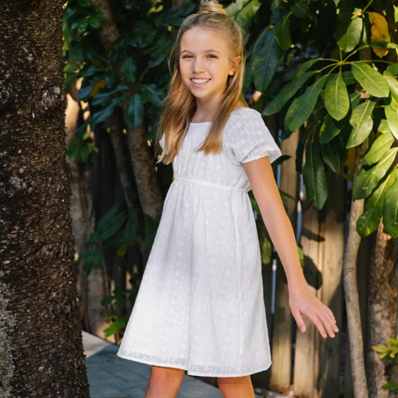 Girls Short Sleeve Eyelet Bow Dress - primary