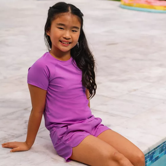 Girls Slim Chlorine Resistant Short Sleeve Magic Print Swim Rash Guard - primary