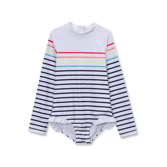 Girls Chlorine Resistant Long Sleeve Ruffle One Piece Swimsuit - primary
