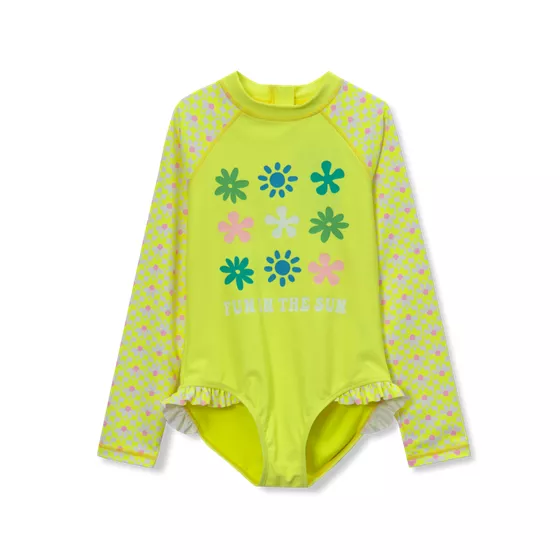 Girls Chlorine Resistant Long Sleeve Ruffle One Piece Swimsuit - primary