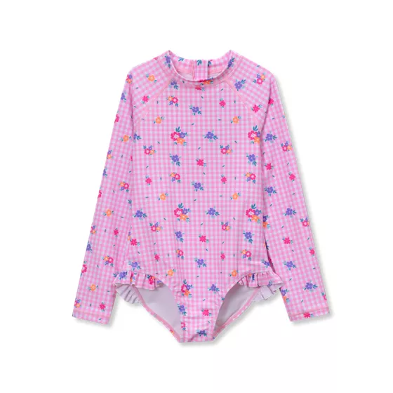 Girls Chlorine Resistant Long Sleeve Ruffle One Piece Swimsuit - primary