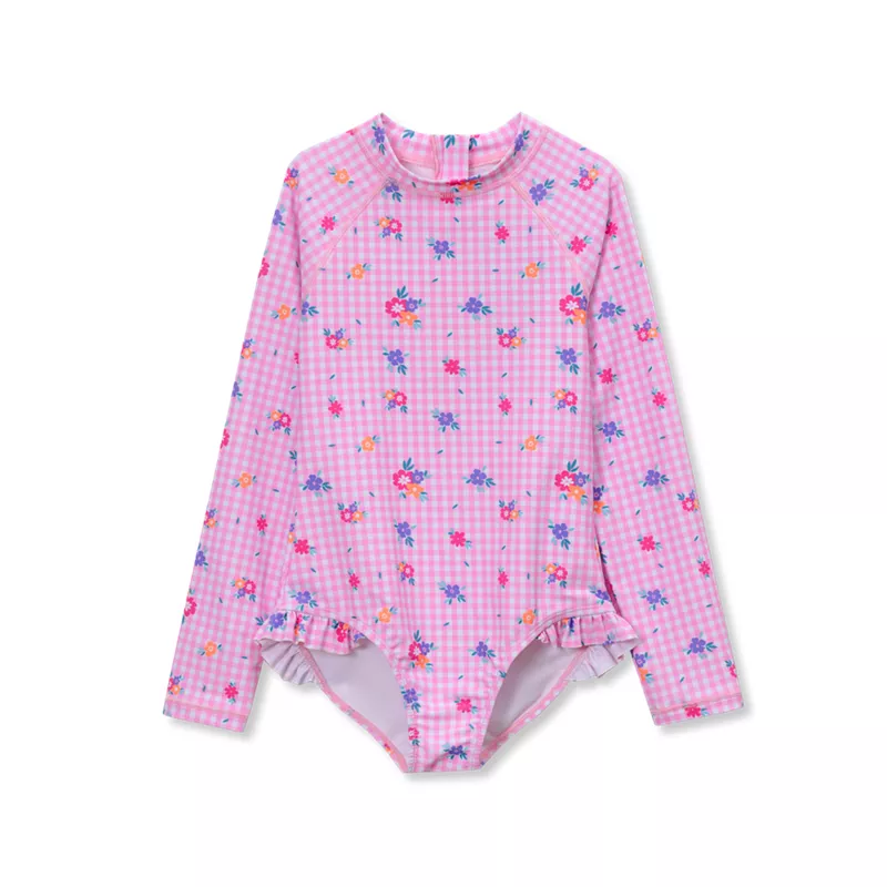 Girls Chlorine Resistant Long Sleeve Ruffle One Piece Swimsuit, alternative image