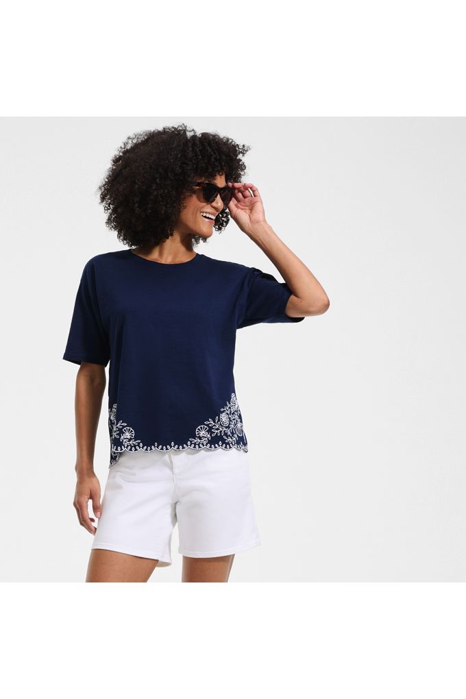 Lands' End Women's Petite Short Sleeve Slub Jersey Eyelet T-shirt In Blue