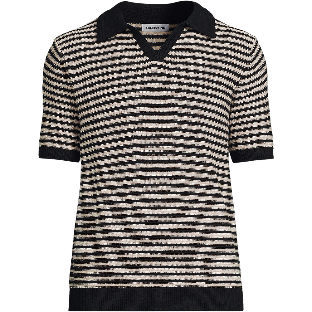 Cotton Blend Johnny Collar Knit, Men, size: M, regular, Black, Cotton/Linen/Nylon, by Lands' End