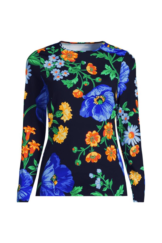 Lands' End Women's Plus Size Long Sleeve Crewneck Garden Tee - Sunshade Upf 50 Quick Dry In Blue