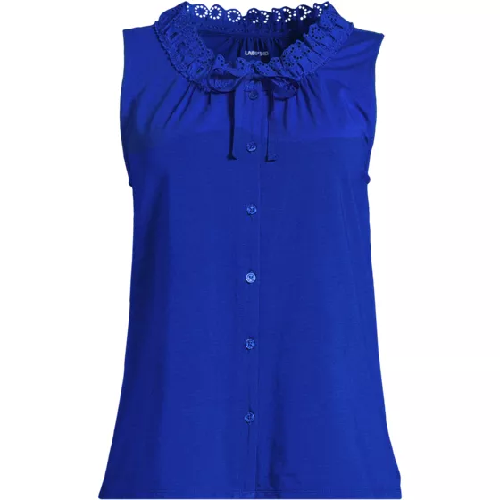 Women's Plus Size Lightweight Jersey Button Front Lace Trim Tank - primary