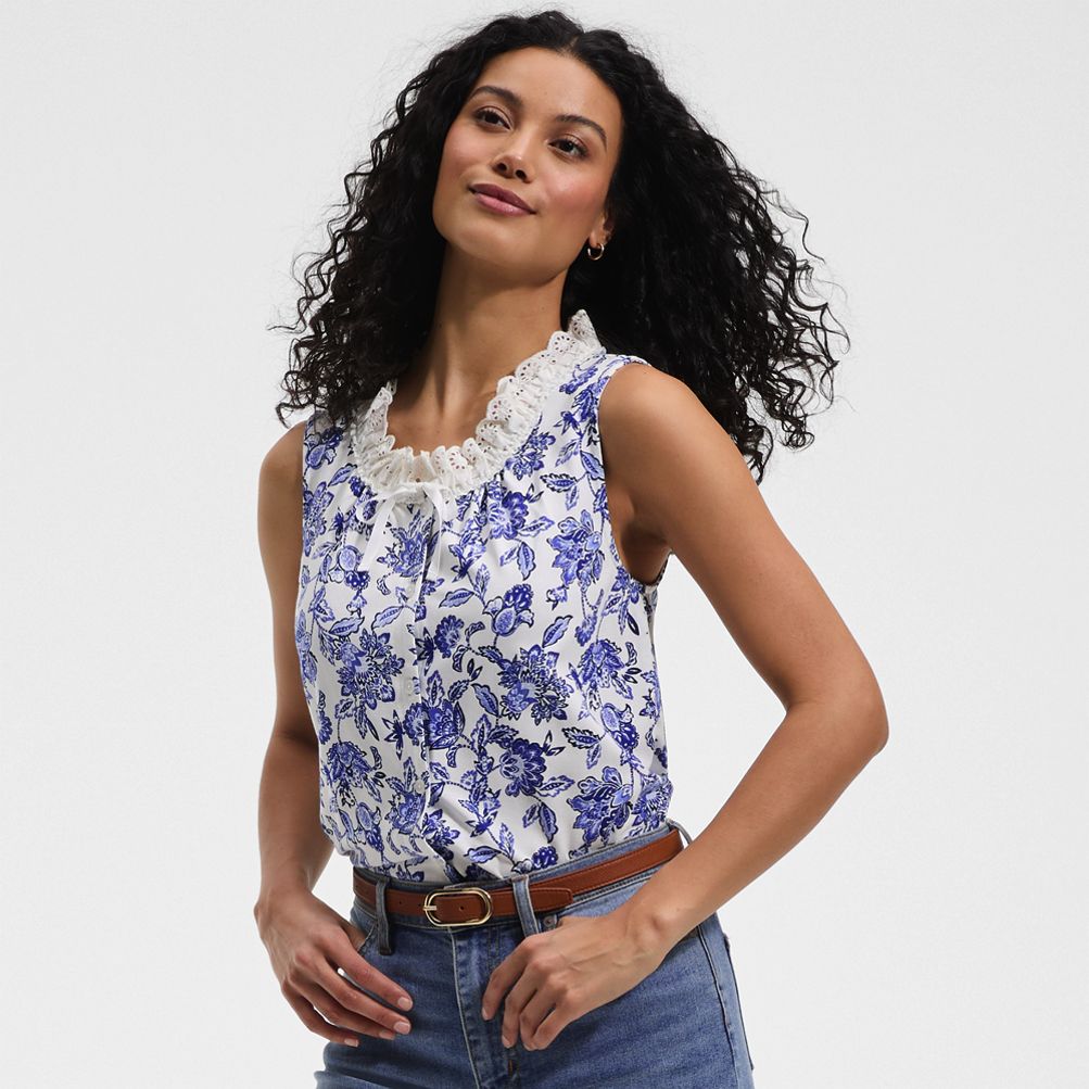 Women's Lightweight Jersey Button Front Lace Trim Tank | Lands' End