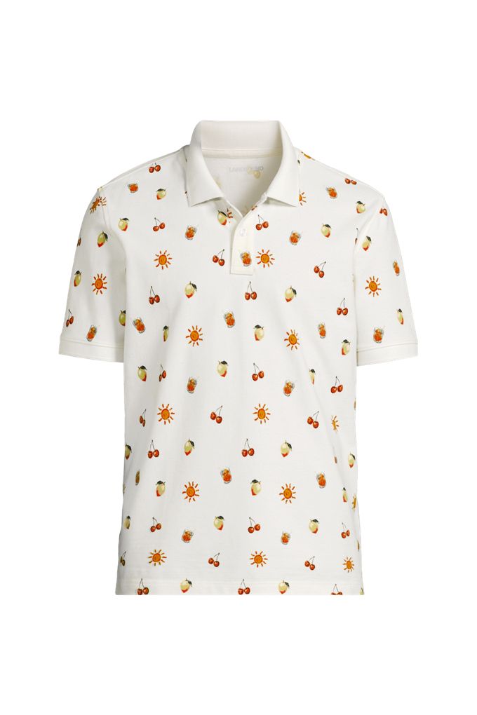 Men's Short Sleeve Pique Printed Polo - Lands' End - Ivory - M
