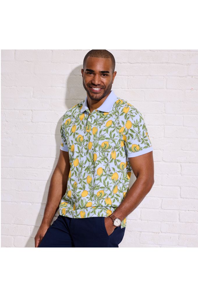 Men's Short Sleeve Pique Printed Polo - Lands' End - Blue - S
