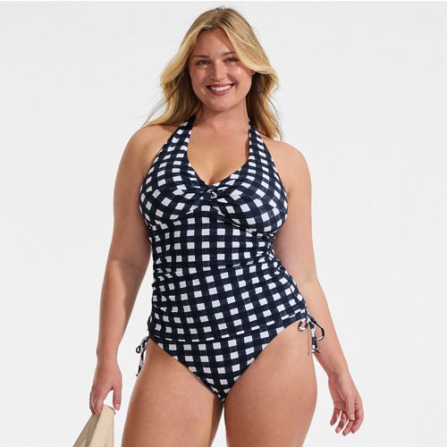 Piqué Halter Tankini Top, Women, size: 22, plus, Blue, Nylon-blend, by Lands' End