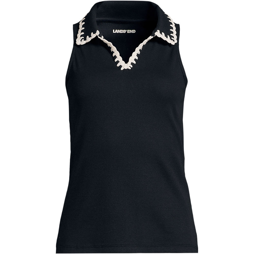 Sleeveless Micro Rib Polo Top, Women, size: 3XL, plus, Black, Spandex/Cotton-blend, by Lands' End