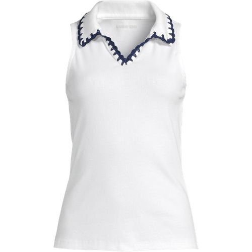 Sleeveless Micro Rib Polo Top, Women, size: 2XL, plus, White, Spandex/Cotton-blend, by Lands' End