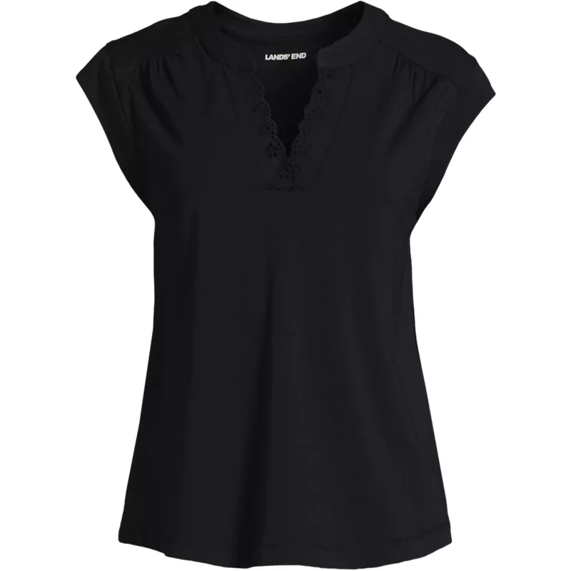 Women's Cap Sleeve Lightweight Jersey Lace Shoulder Tee, Front