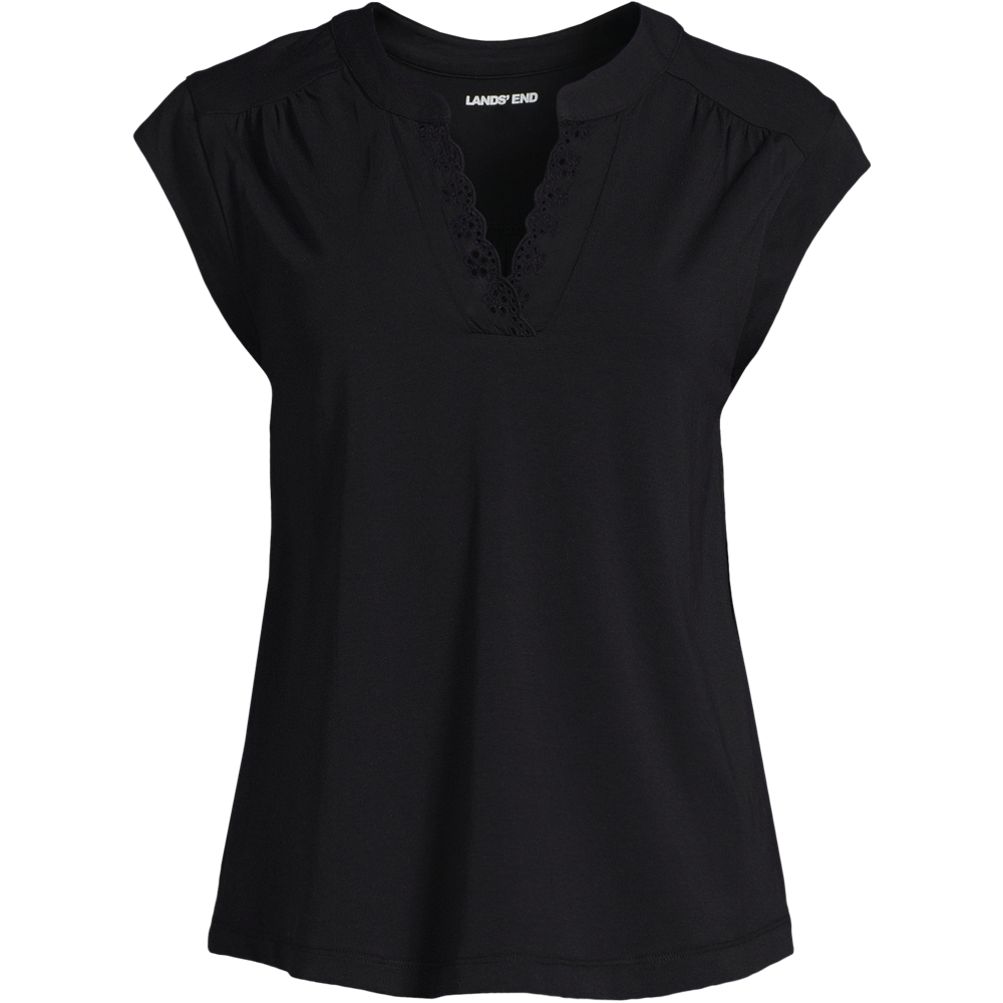 Women's Cap Sleeve Lightweight Jersey Lace Shoulder Tee | Lands' End