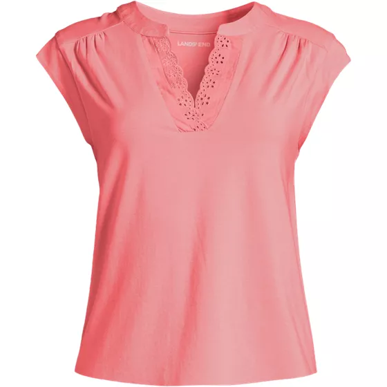 Women's Cap Sleeve Lightweight Jersey Lace Shoulder Tee - primary