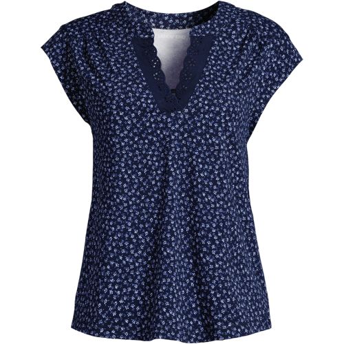Cotton Modal Top With Eyelet Embroidery, Women, size: 3XL, plus, Blue, Spandex/Cotton-blend/Cotton Modal, by Lands' End