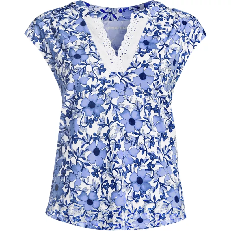 Women's Cap Sleeve Lightweight Jersey Lace Shoulder Tee, Front