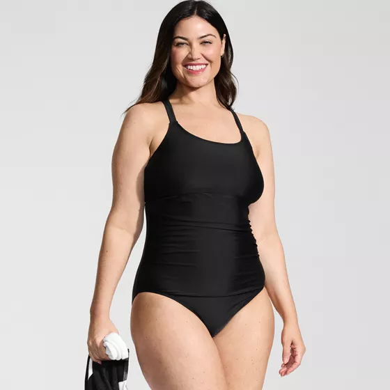 Women's Plus Size Essential Tie Back Ruched One Piece Swimsuit - primary