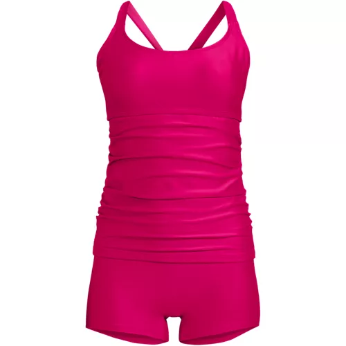 Women's Essential Tie Back Ruched Tankini and Shorts Two Piece Set, Front