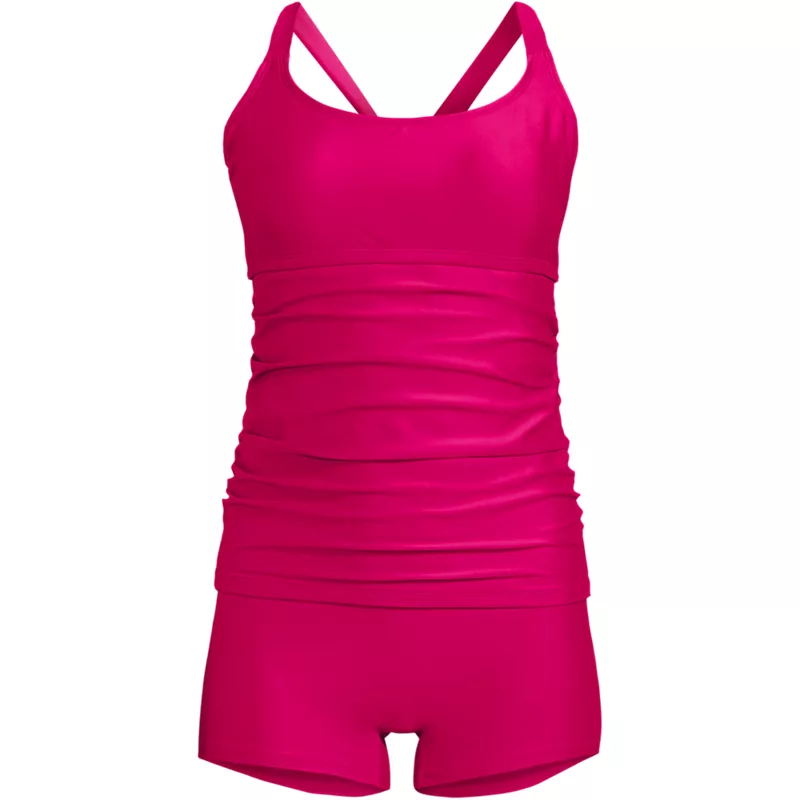 Women's Essential Tie Back Ruched Tankini and Shorts Two Piece Set, Front