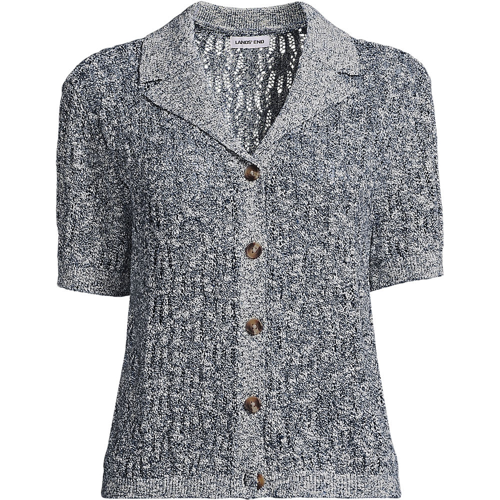 Soft Ease Pointelle Cardigan With Linen, Women, size: S, regular, Blue, Cotton/Linen/Nylon, by Lands' End