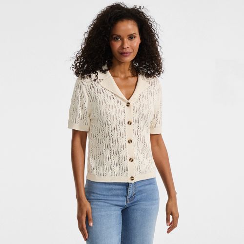  Lands' End Soft Ease Ajour-cardigan Mit Leinen, Damen, Größe:32-34 Regular, Weiß, Baumwolle/leinen/nylon, By Lands' End 