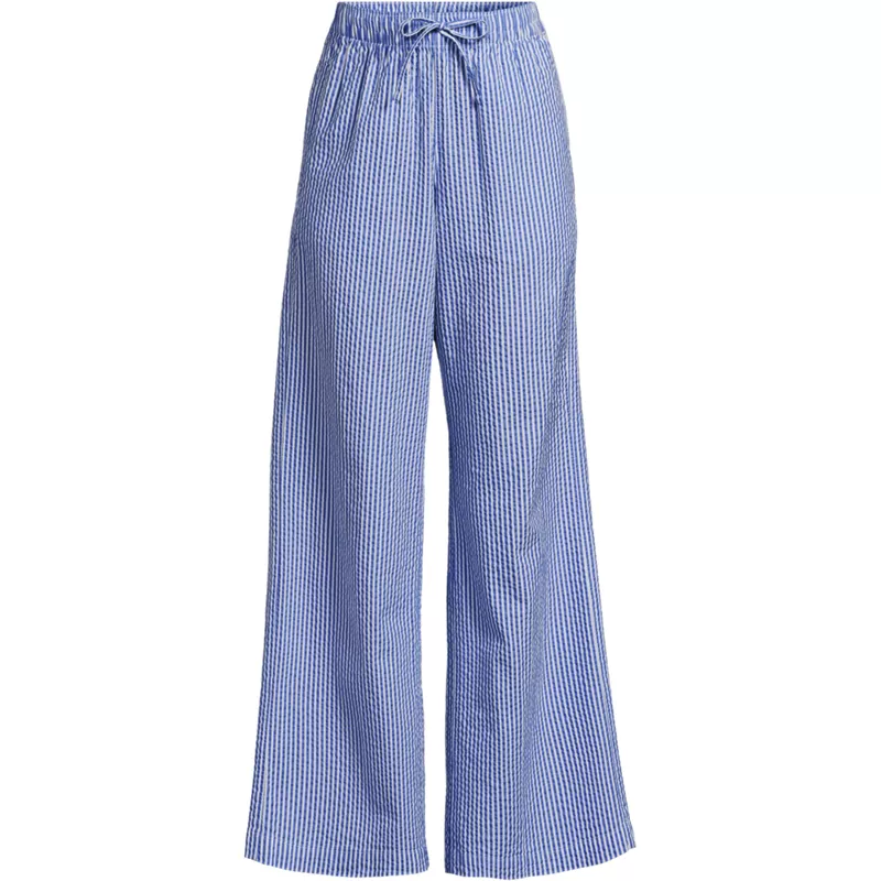 Women's Petite Seersucker High Rise Drawstring Wide Leg Pants, Front