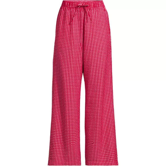 Women's Plus Size Seersucker High Rise Drawstring Wide Leg Pants - primary