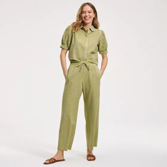 Women's Seersucker High Rise Drawstring Wide Leg Pants - primary