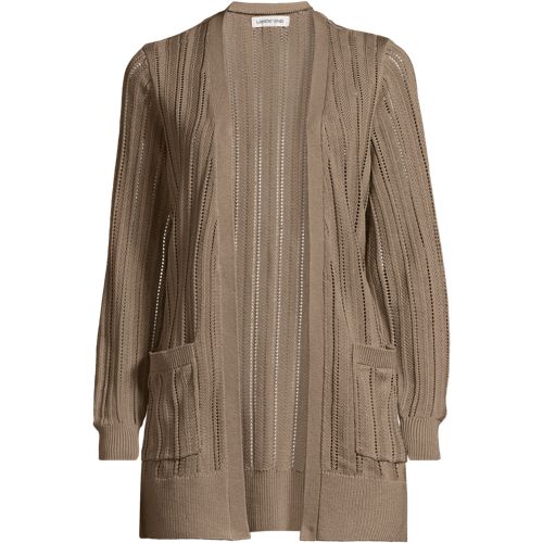 Soft Drape Linen Blend Long Pointelle Cardigan, Women, size: 2X, plus, Ivory, Cotton/Linen/Lyocell, by Lands' End