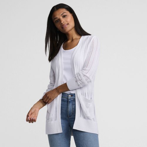 Soft Drape Linen Blend Long Pointelle Cardigan, Women, size: L, regular, White, Cotton/Linen/Lyocell, by Lands' End