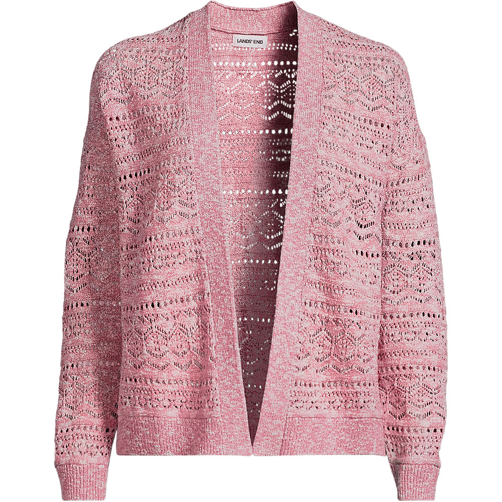 Soft Ease Pointelle Cardigan With Linen, Women, size: S, petite, Pink, Cotton/Linen/Nylon, by Lands' End