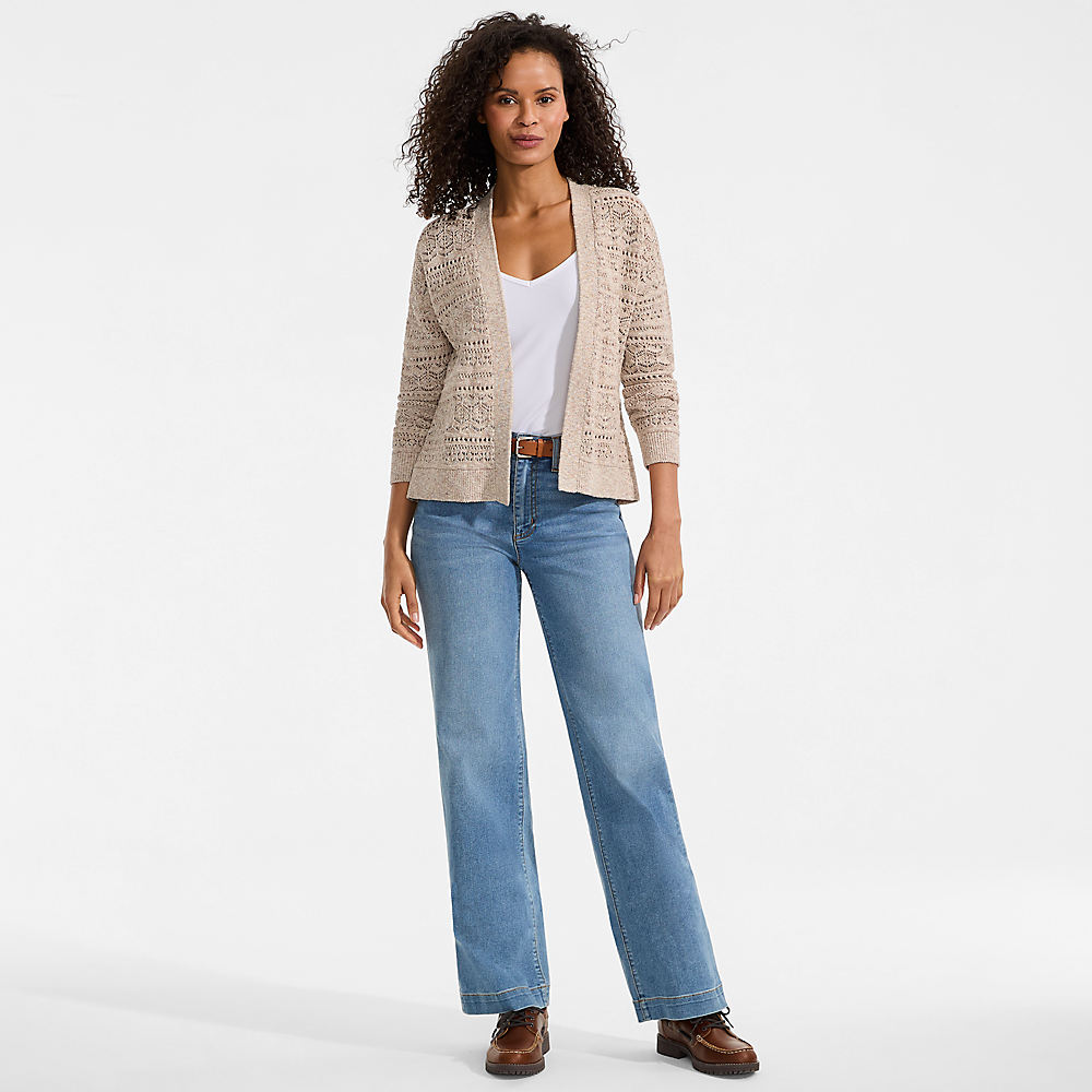 Soft Ease Pointelle Cardigan With Linen, Women, size: XS, regular, Ivory, by Lands' End
