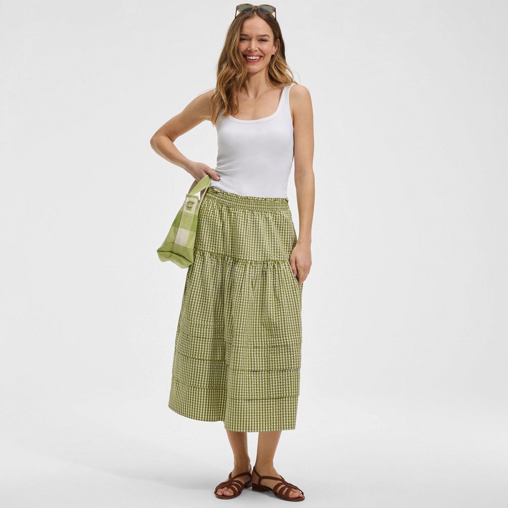 Women's Seersucker Pull On Midi Skirt | Lands' End