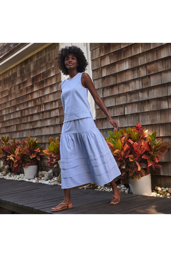 Lands' End Women's Petite Seersucker Pull On Midi Skirt In Blue