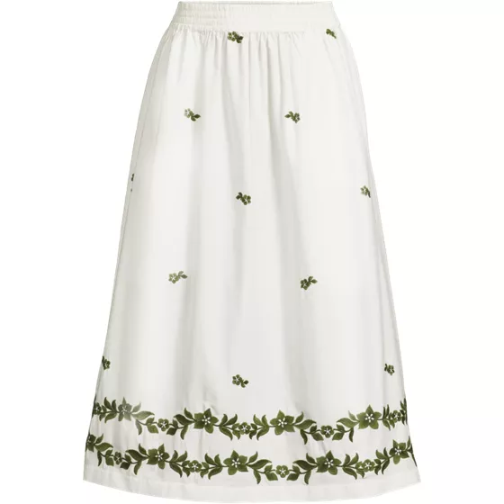 Women's Plus Size Poplin Smocked Embroidered High Rise Midi Skirt - primary