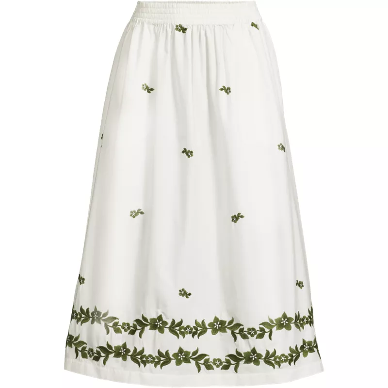 Women's Plus Size Poplin Smocked Embroidered High Rise Midi Skirt, Front