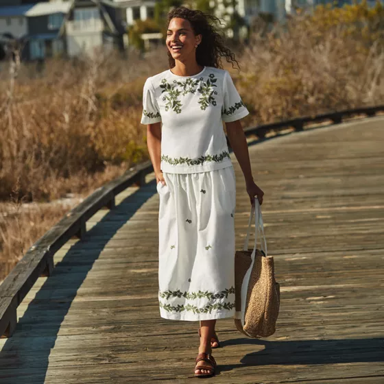 Women's Poplin Smocked Embroidered High Rise Midi Skirt - primary