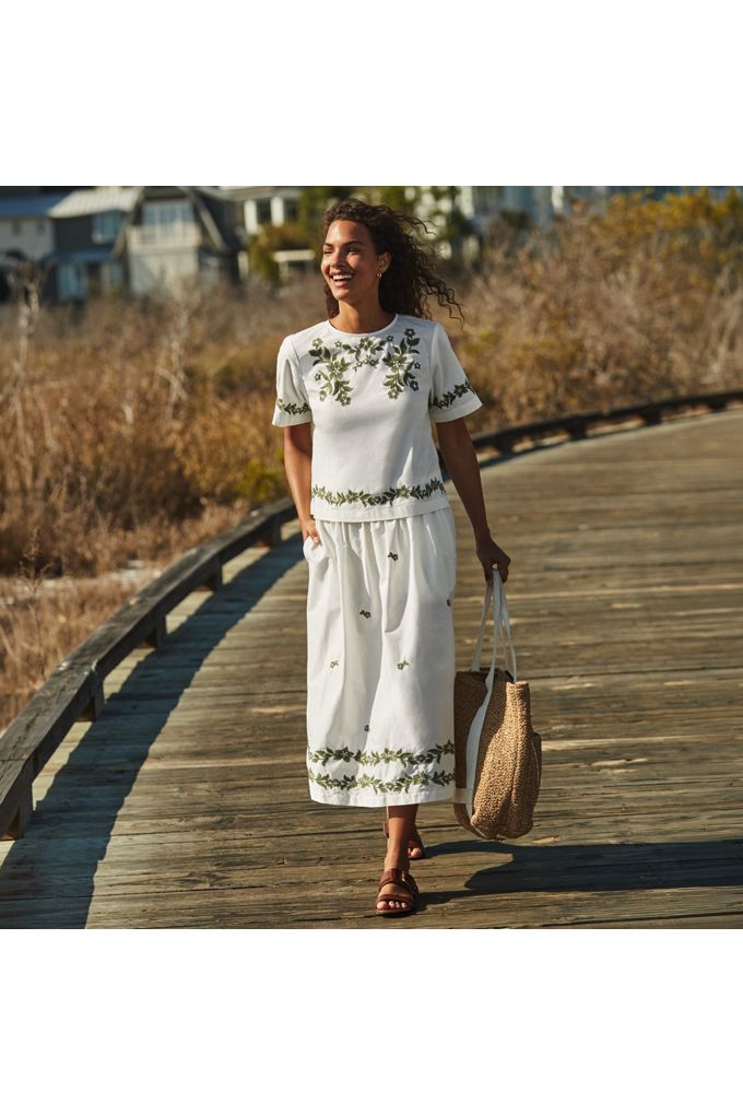 Lands' End Women's Poplin Smocked Embroidered High Rise Midi Skirt In White