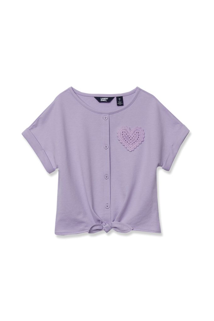 Girls Slouchy Button Front Terry Knit Top - Lands' End - Purple - XS