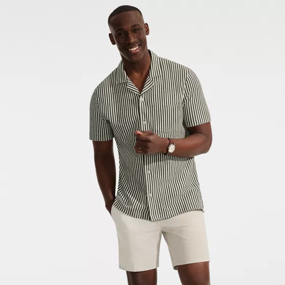 Men's Short Sleeve Cotton Linen Vertical Stripe Button Through Camp Collar Shirt - primary
