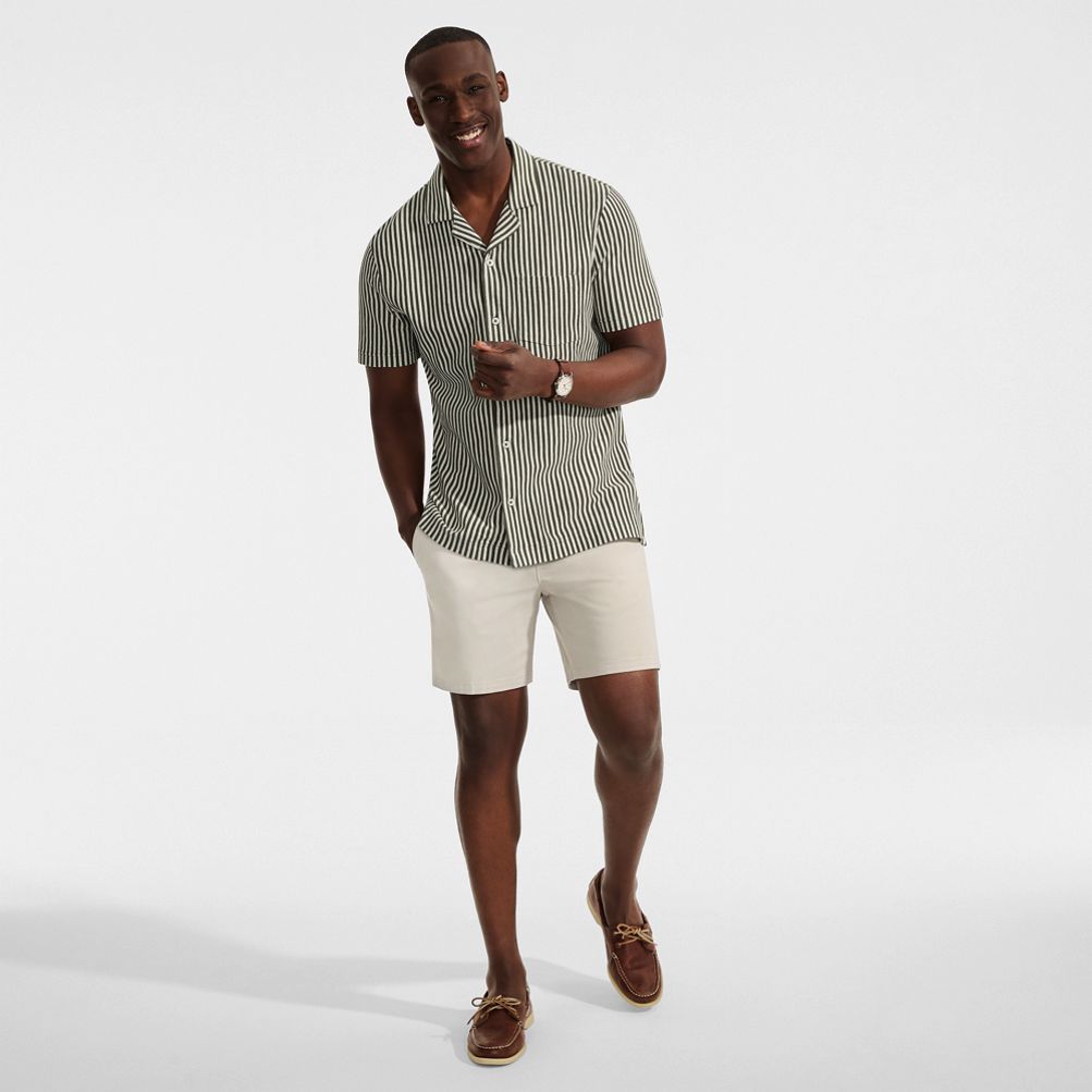 Men's Short Sleeve Cotton Linen Vertical Stripe Button Through
