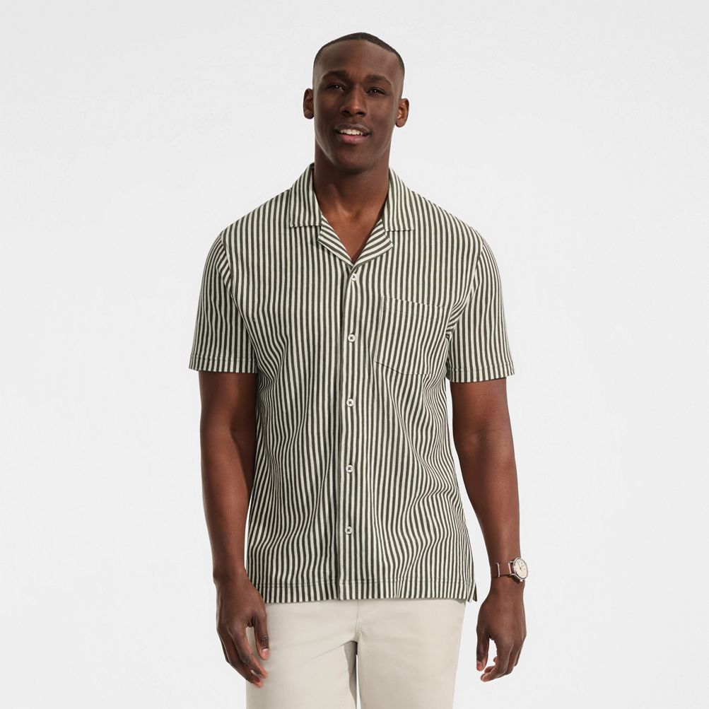 Men's Short Sleeve Cotton Linen Vertical Stripe Button Through