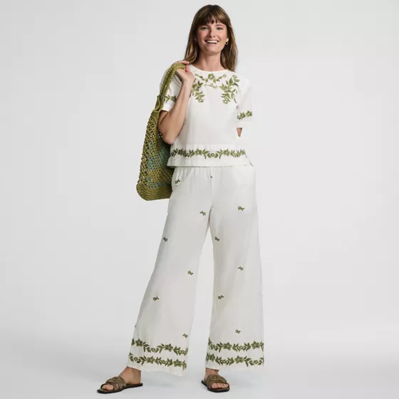 Women's Poplin High Rise Extra Wide Leg Embroidered Pants - primary