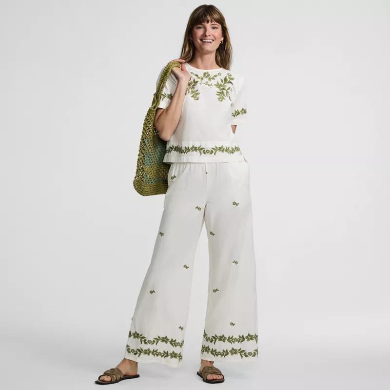 Women's Poplin High Rise Extra Wide Leg Embroidered Pants, alternative image