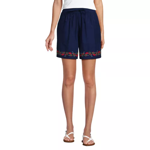 Women's Poplin Embroidered High Rise 7" Pull On Shorts, Front