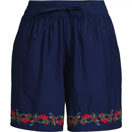 Women's Poplin Embroidered High Rise 7" Pull On Shorts, Front