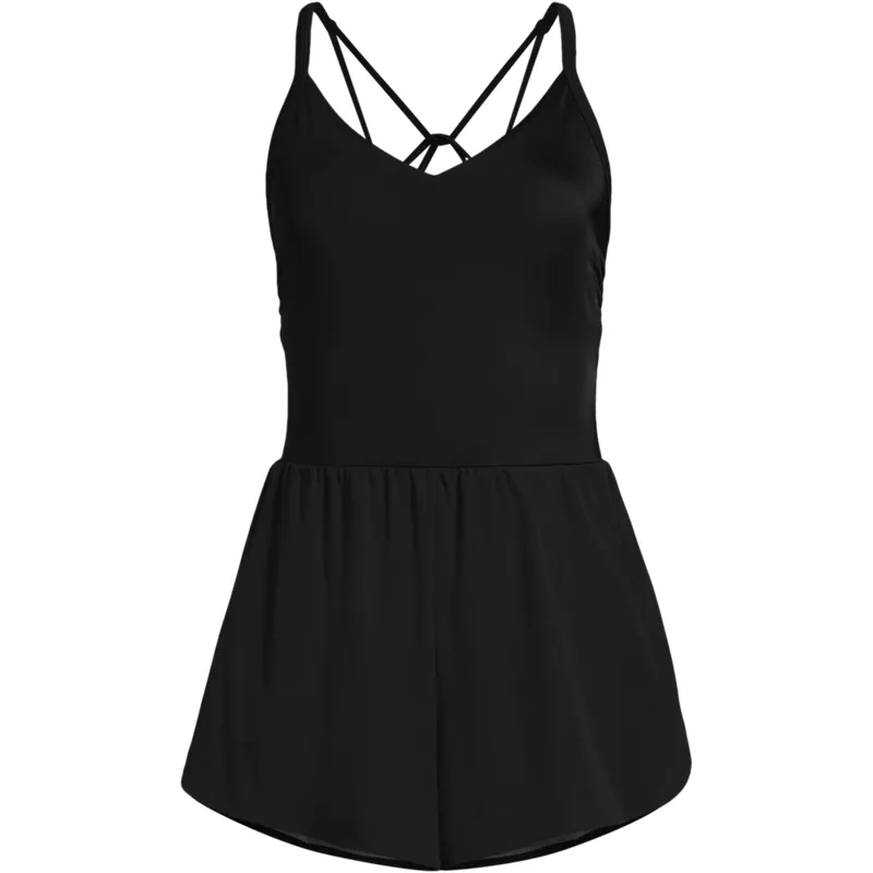 Women's Long Torso Tugless V-neck Strappy X-Back Swim Romper, Front